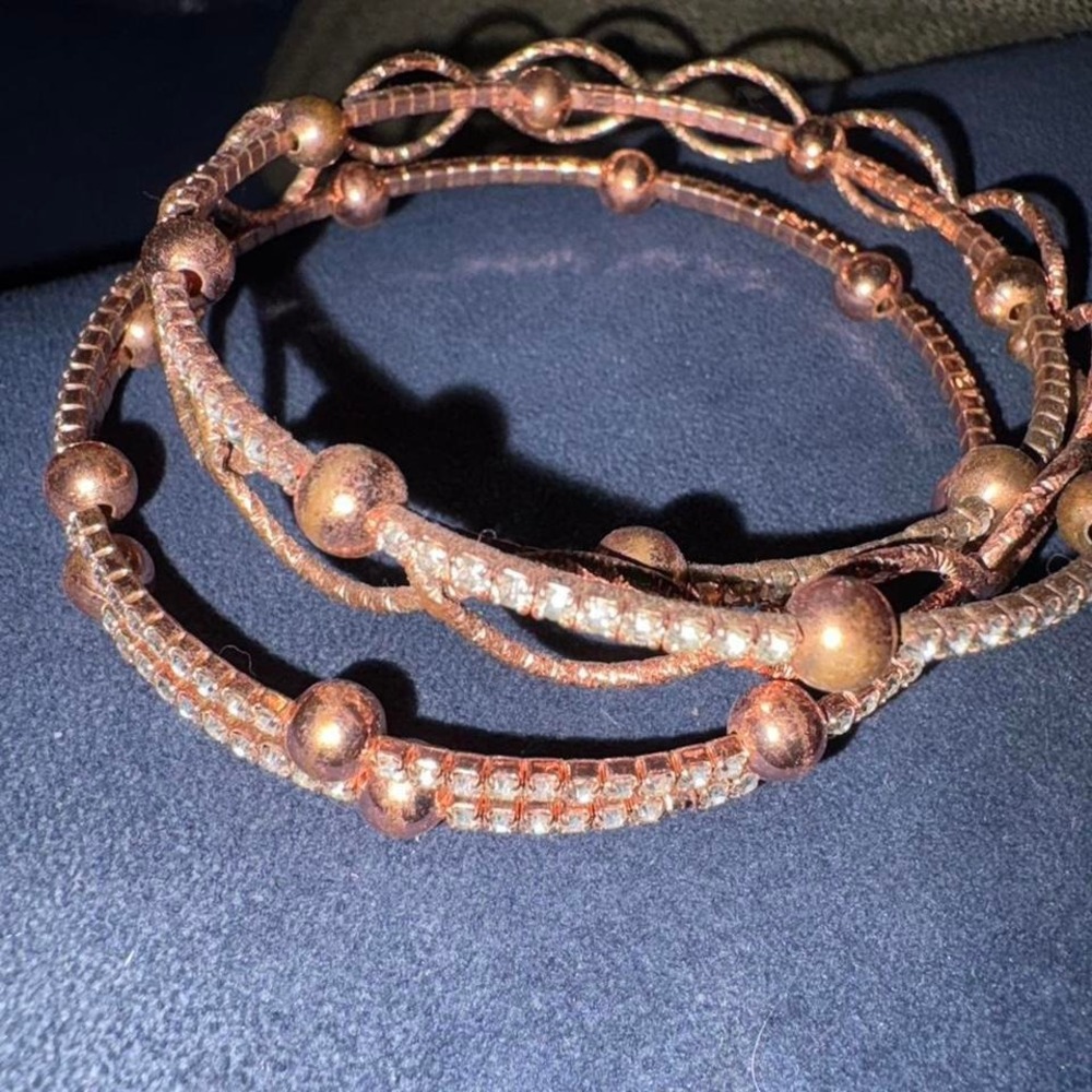 Rose Gold Tone Rhinestone and Ball Bead Bangle Bracelet Set 3 Piece Stackable